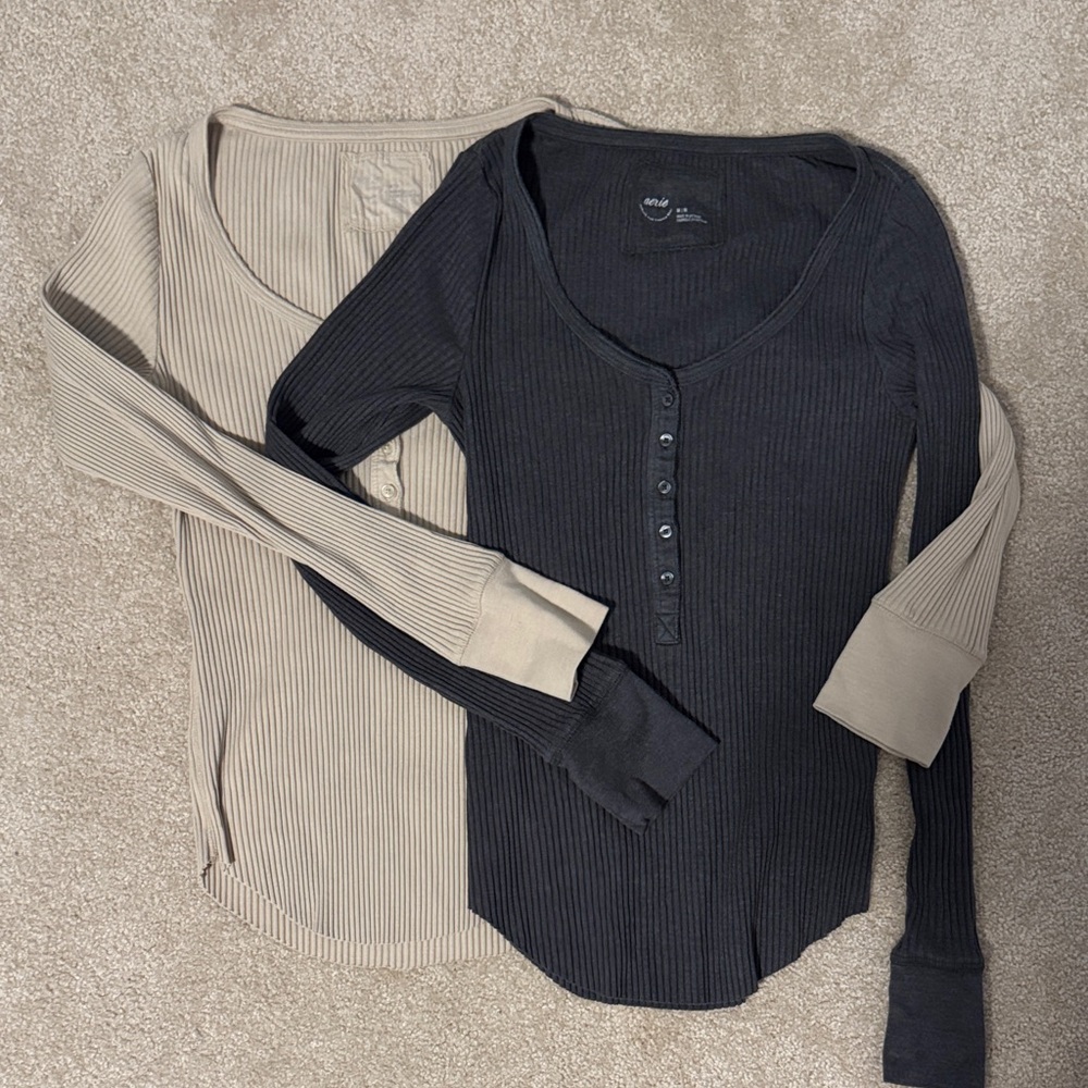Aerie Bundle of 2 Ribbed Henley Tops - Charcoal & Tan